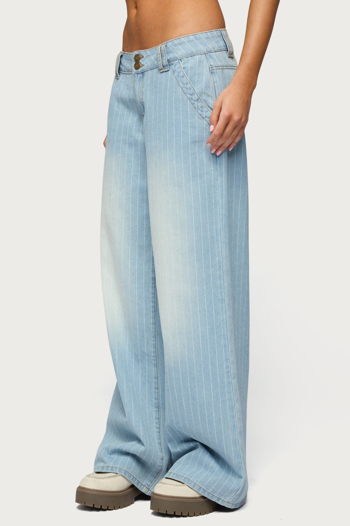 Cory Striped Low Rise Baggy Jeans - LIGHT-BLUE