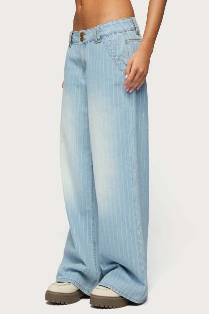 Cory Striped Low Rise Baggy Jeans - LIGHT-BLUE