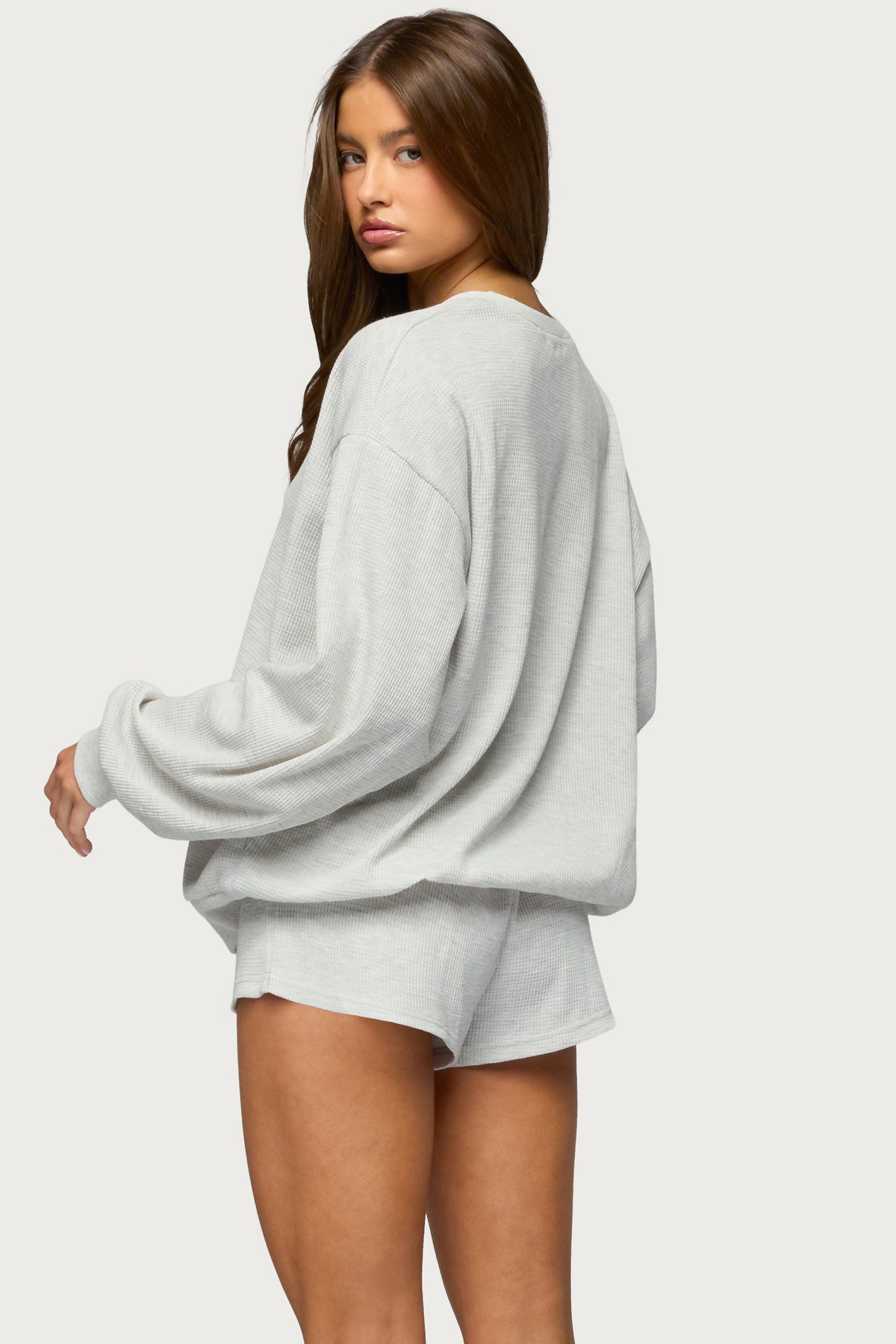 Baila Waffle Henley Top - LIGHT-GRAY-MELANGE