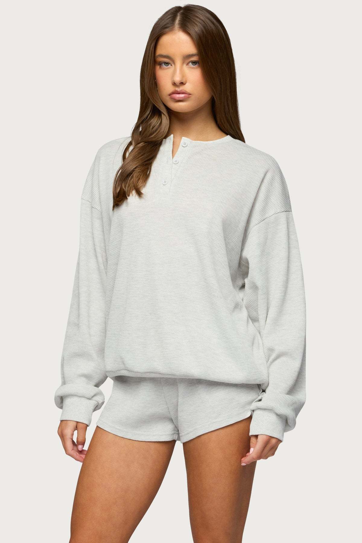 Baila Waffle Henley Top - LIGHT-GRAY-MELANGE