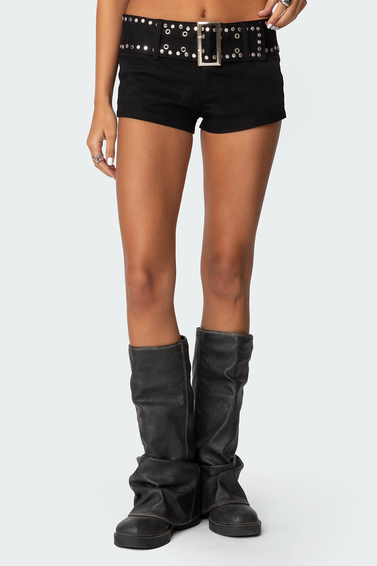 Studded Belt Denim Micro Shorts - BLACK