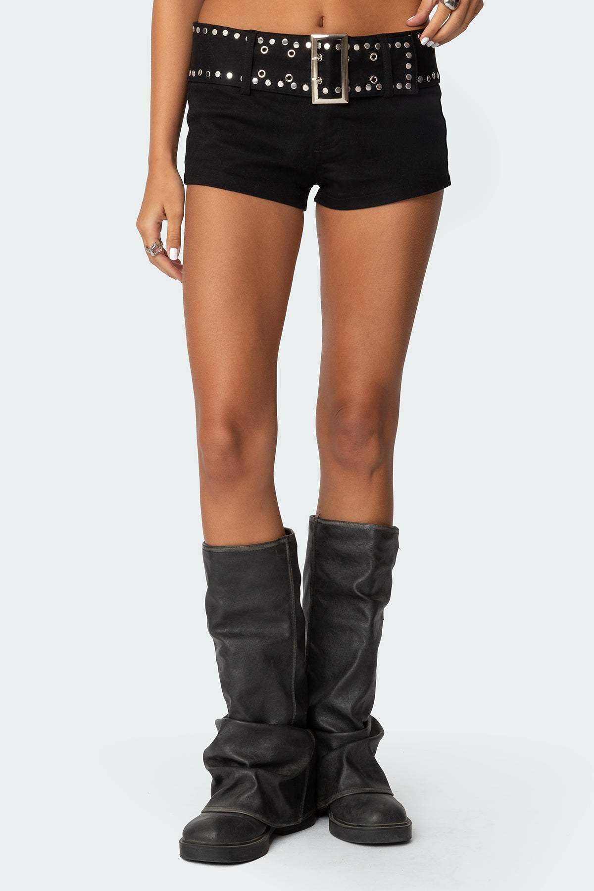 Studded Belt Denim Micro Shorts - BLACK
