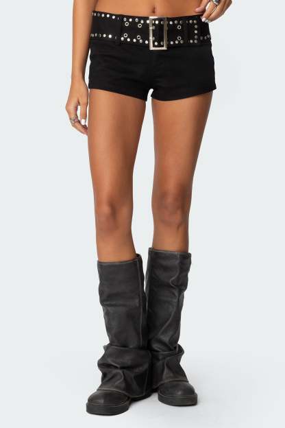 Studded Belt Denim Micro Shorts - BLACK