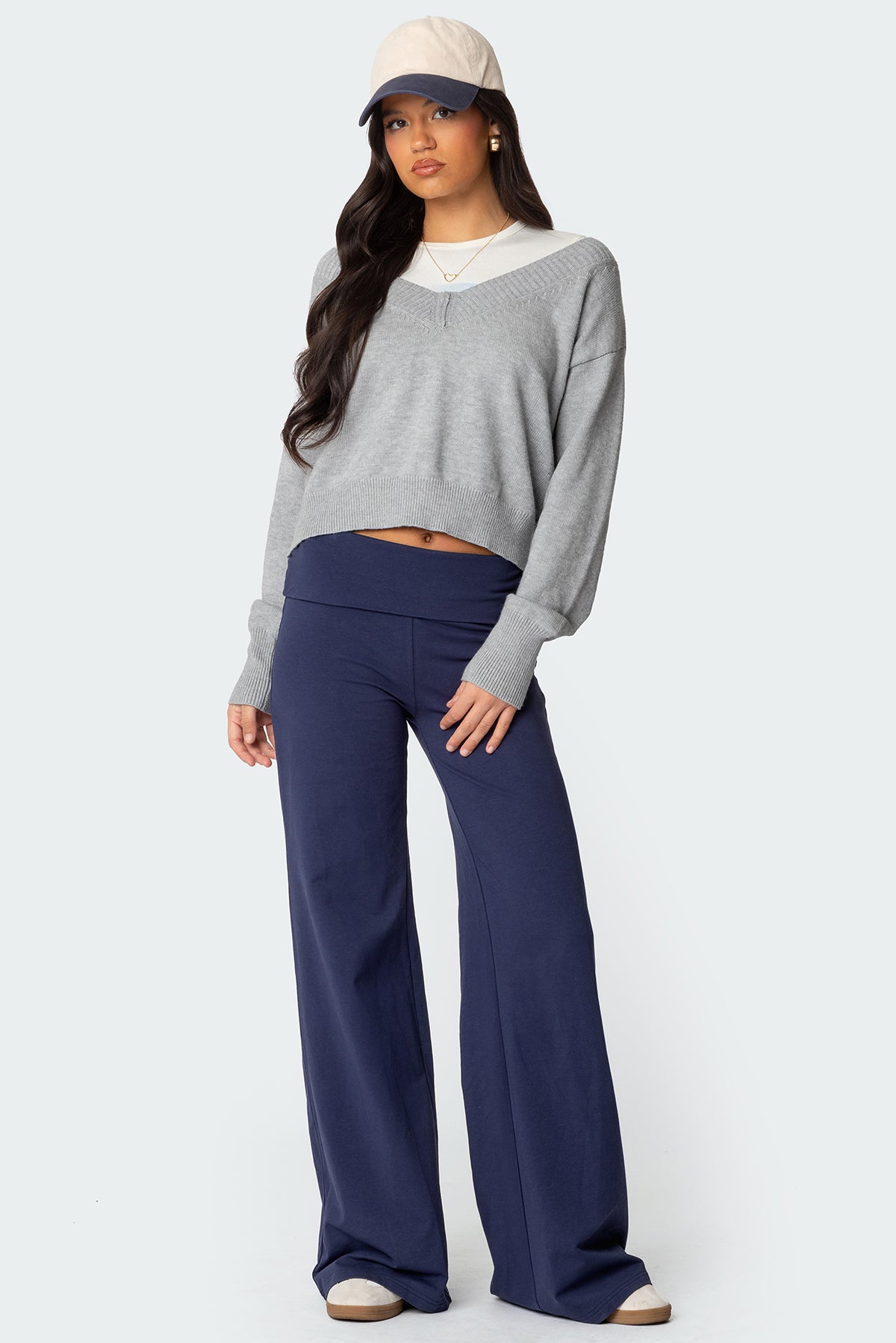 Wide Leg Foldover Pants - NAVY