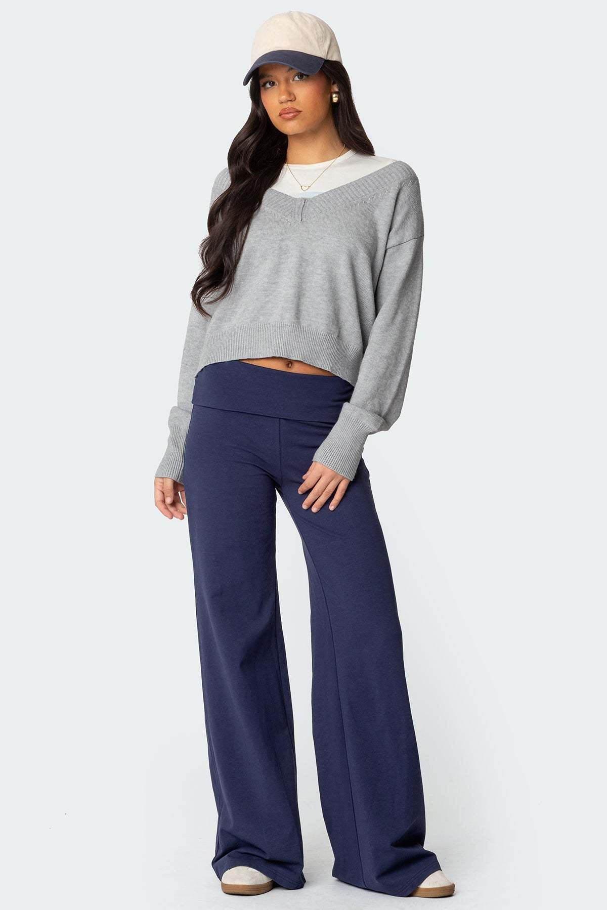 Wide Leg Foldover Pants - NAVY