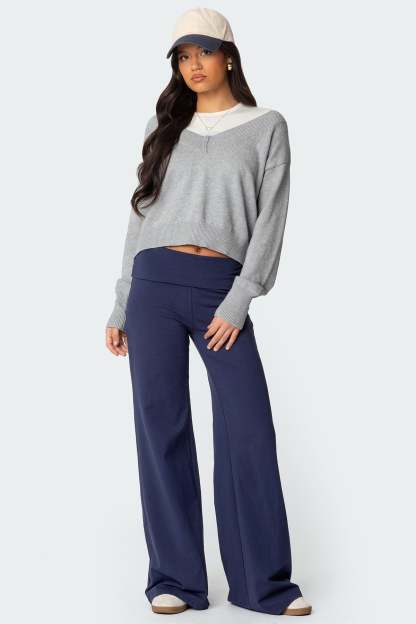 Wide Leg Foldover Pants - NAVY