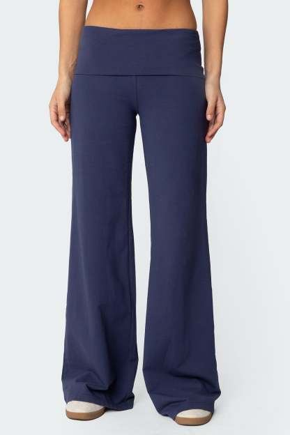Wide Leg Foldover Pants - NAVY