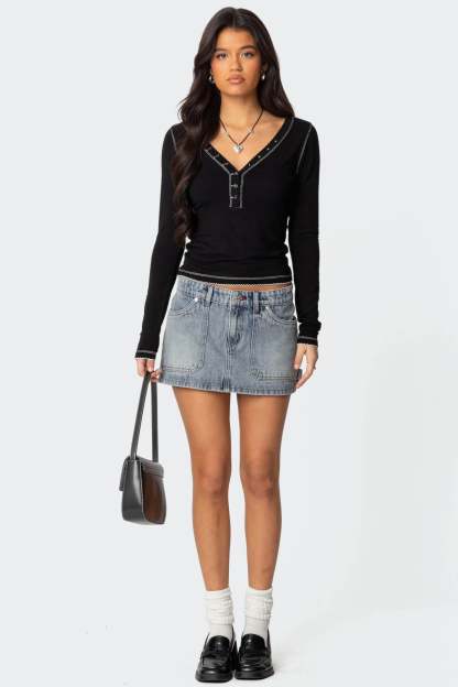 Yael Contrast Stitch Henley Top - BLACK