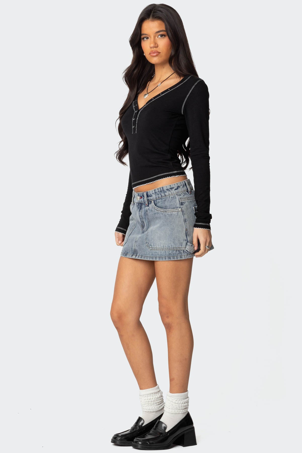 Yael Contrast Stitch Henley Top - BLACK