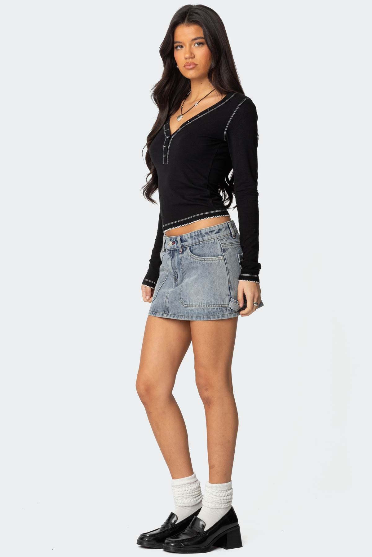 Yael Contrast Stitch Henley Top - BLACK
