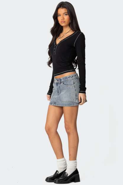 Yael Contrast Stitch Henley Top - BLACK