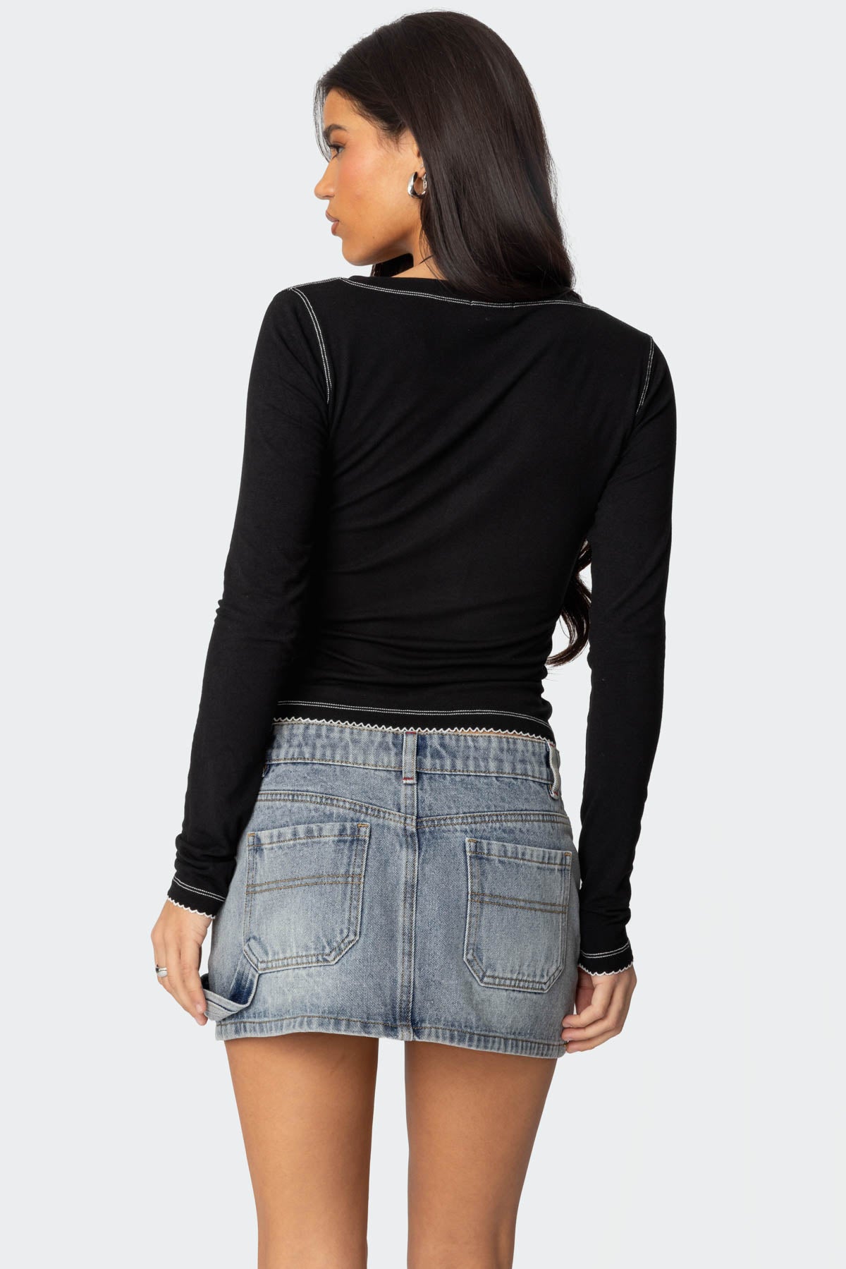 Yael Contrast Stitch Henley Top - BLACK