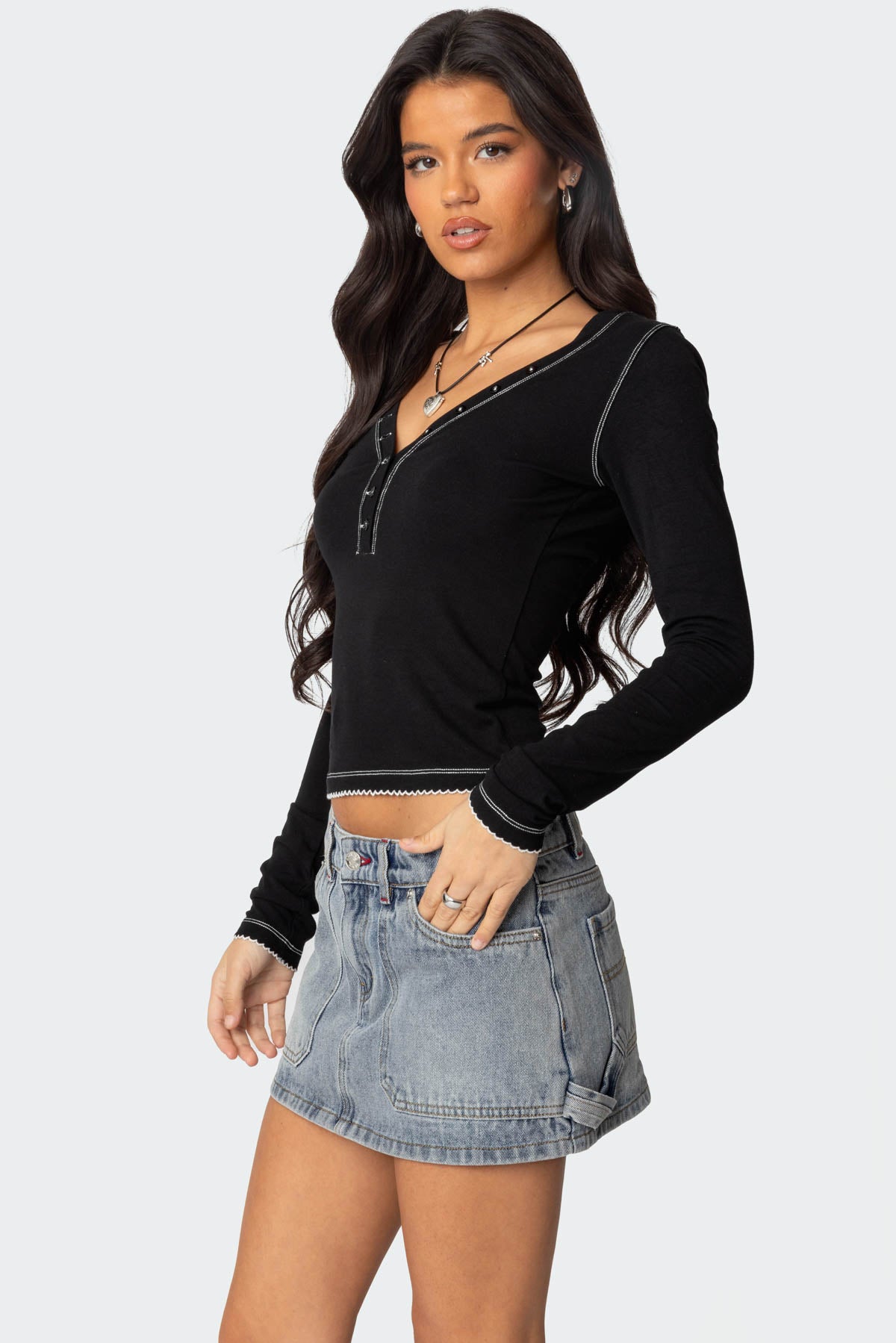 Yael Contrast Stitch Henley Top - BLACK