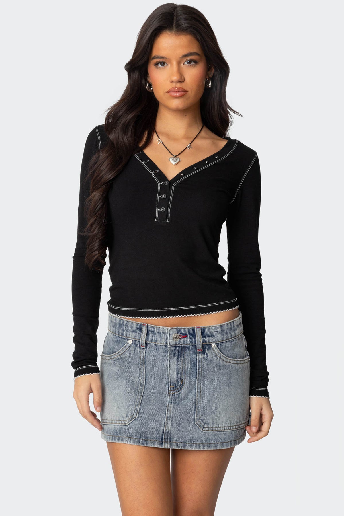 Yael Contrast Stitch Henley Top - BLACK