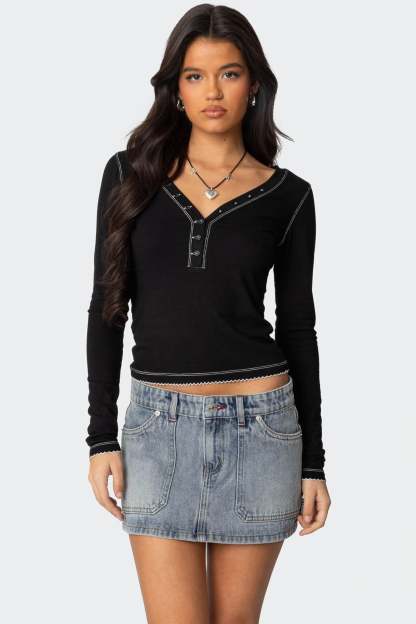 Yael Contrast Stitch Henley Top - BLACK