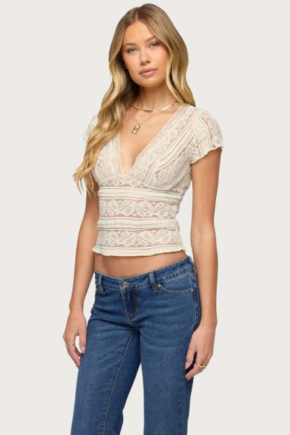Avalee Sheer Lace V Neck Top - CREAM