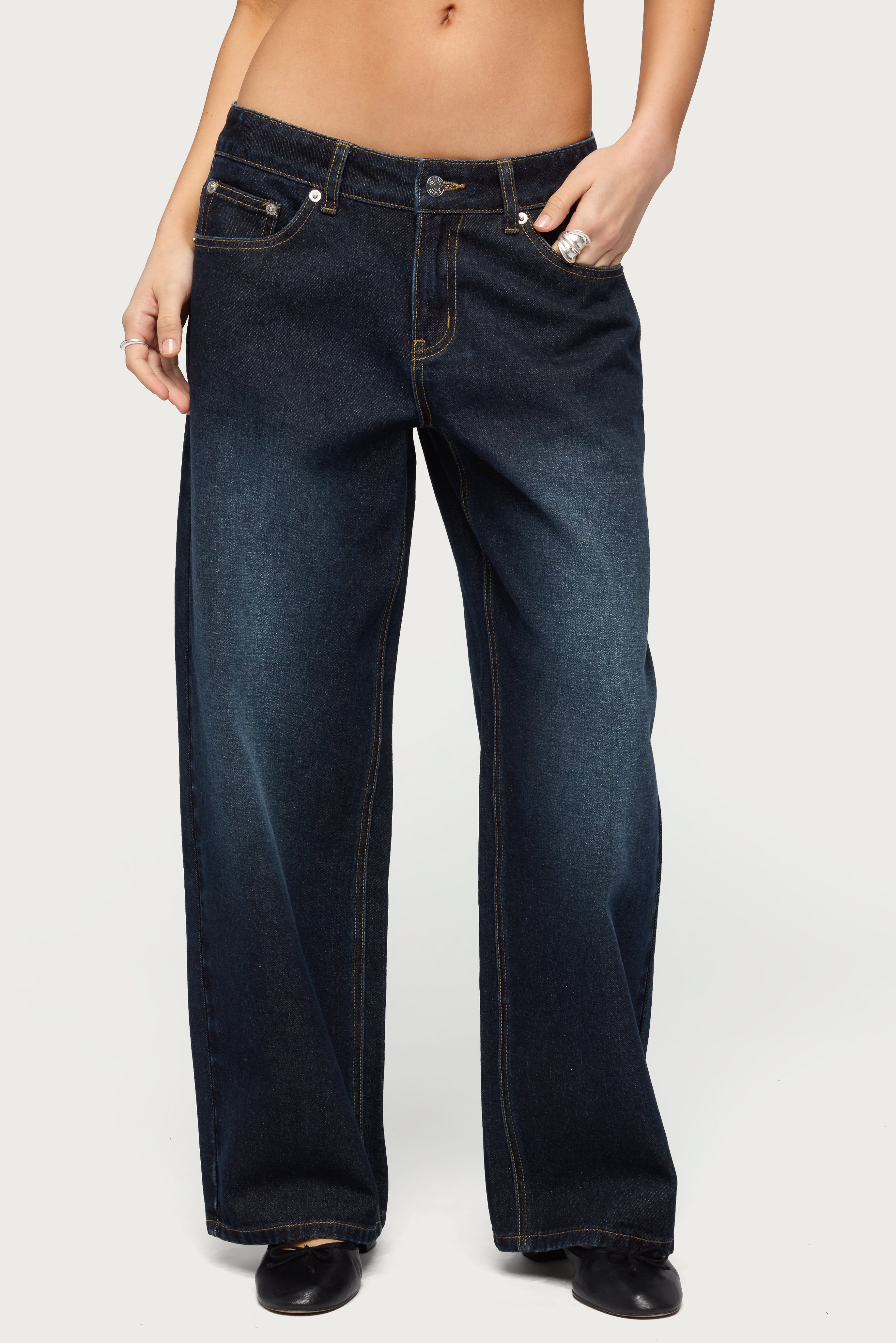 Petite Raelynn Washed Low Rise Baggy Jeans - DARK-BLUE-WASHED
