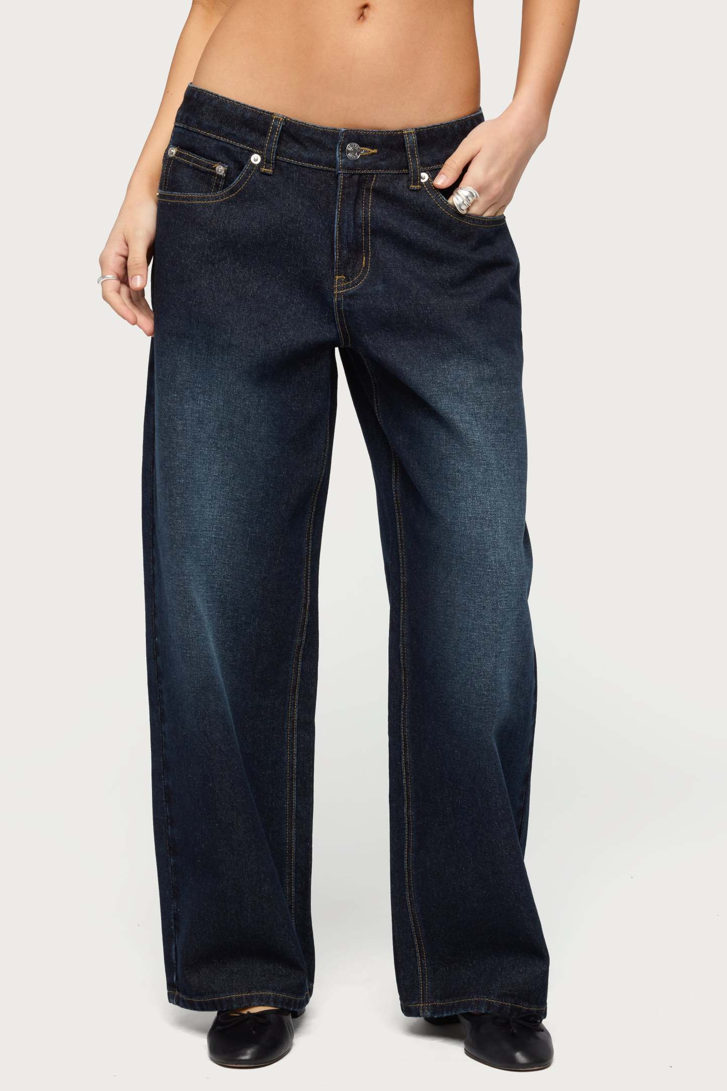 Petite Raelynn Washed Low Rise Baggy Jeans - DARK-BLUE-WASHED