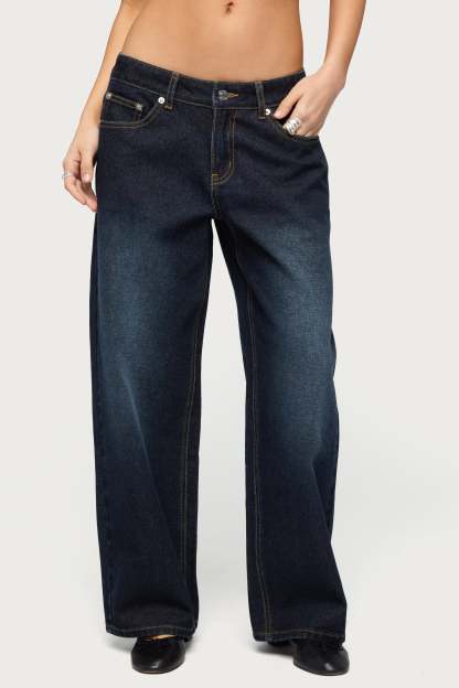 Petite Raelynn Washed Low Rise Baggy Jeans - DARK-BLUE-WASHED