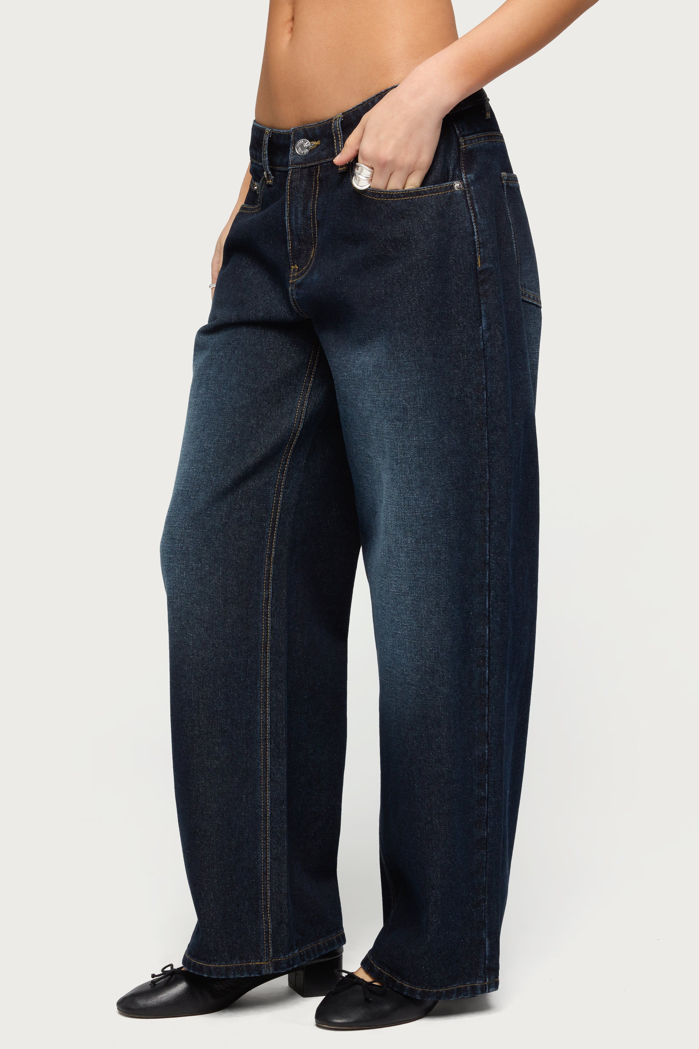 Petite Raelynn Washed Low Rise Baggy Jeans - DARK-BLUE-WASHED