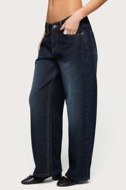 Petite Raelynn Washed Low Rise Baggy Jeans - DARK-BLUE-WASHED