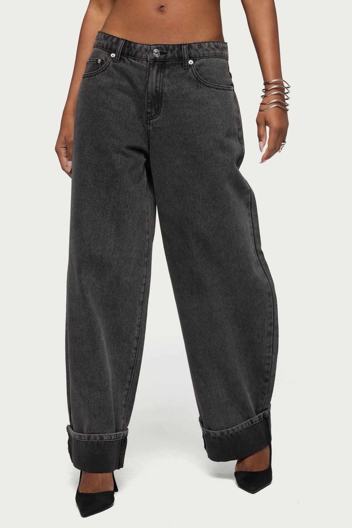Kella Low Rise Baggy Jeans - BLACK-WASHED