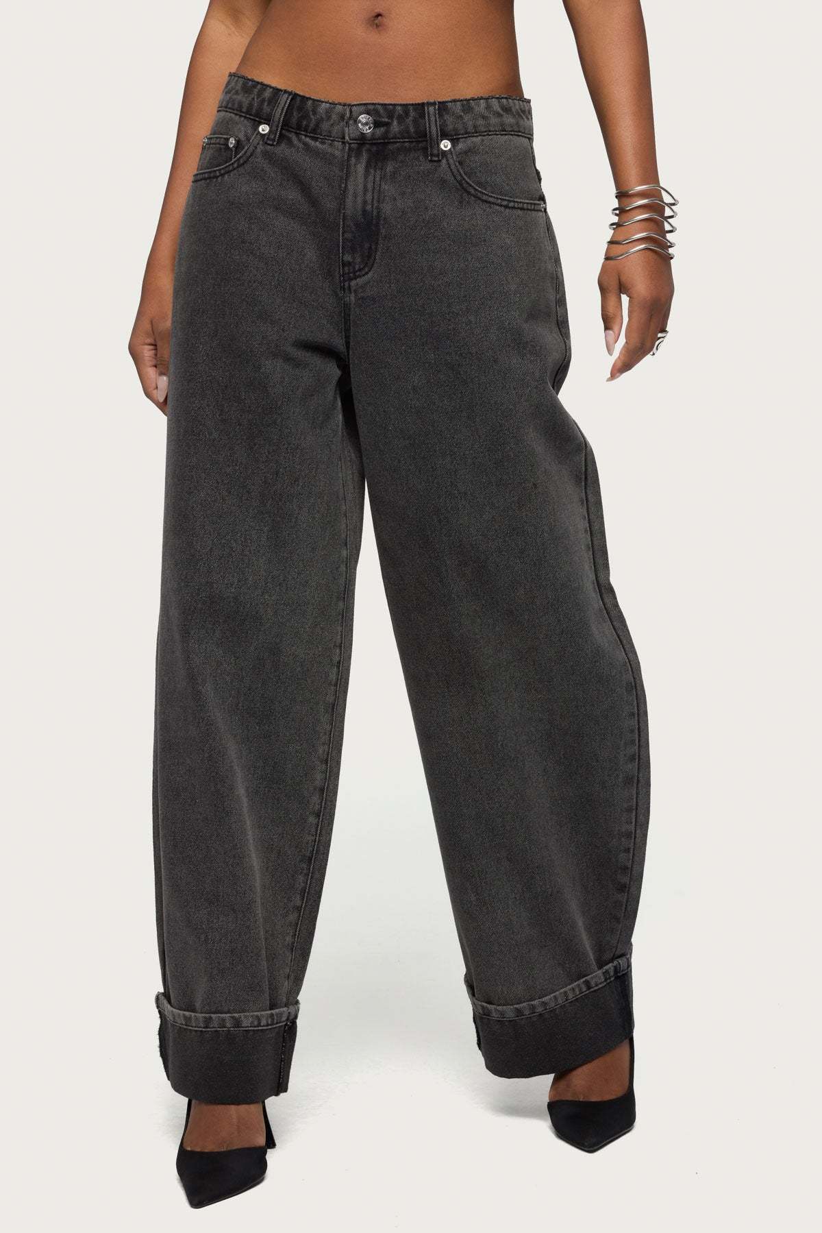 Kella Low Rise Baggy Jeans - BLACK-WASHED