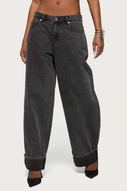 Kella Low Rise Baggy Jeans - BLACK-WASHED