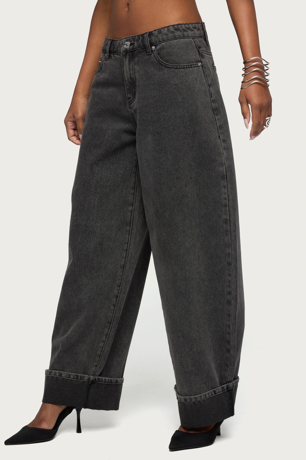 Kella Low Rise Baggy Jeans - BLACK-WASHED