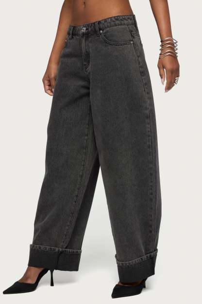 Kella Low Rise Baggy Jeans - BLACK-WASHED