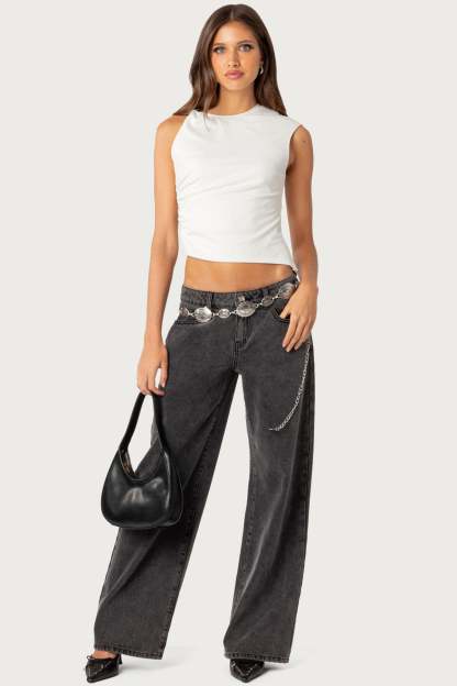 Raelynn Washed Low Rise Baggy Jeans - BLACK WASHED