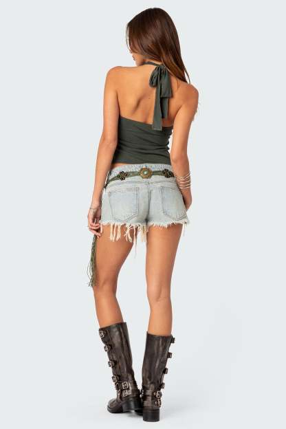 Frayed Vintage Washed Denim Shorts - BLUE WASHED