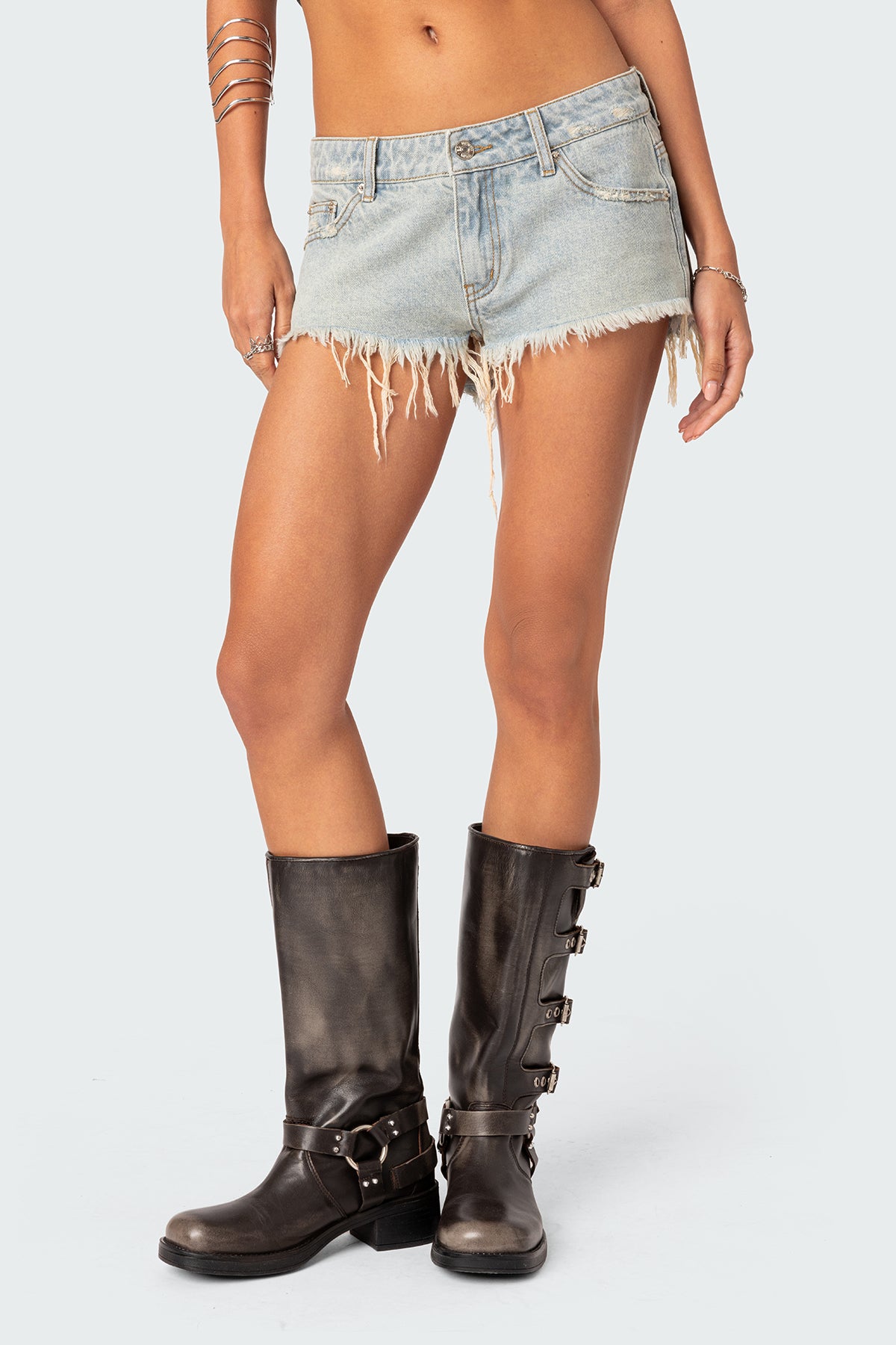 Frayed Vintage Washed Denim Shorts - BLUE WASHED