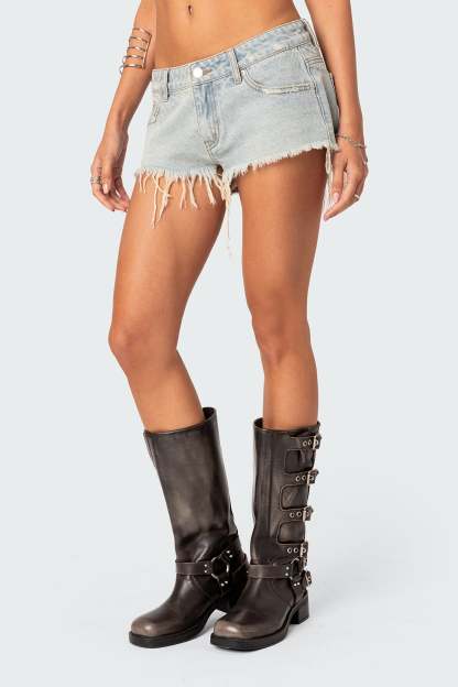 Frayed Vintage Washed Denim Shorts - BLUE WASHED