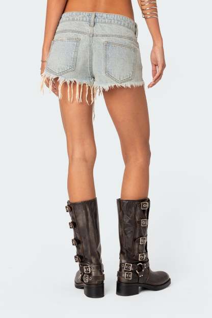 Frayed Vintage Washed Denim Shorts - BLUE WASHED