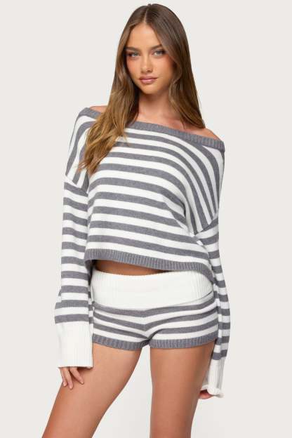 Saphi Striped Oversized Knit Sweater - GRAY-AND-WHITE