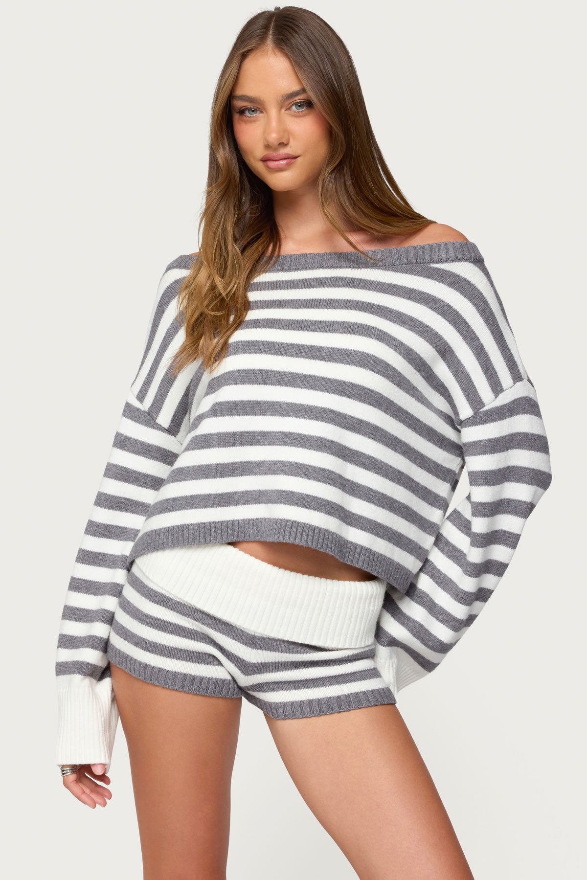 Saphi Striped Oversized Knit Sweater - GRAY-AND-WHITE