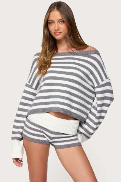 Saphi Striped Oversized Knit Sweater - GRAY-AND-WHITE