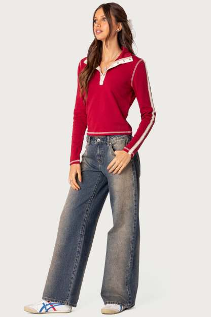 Raelynn Washed Low Rise Baggy Jeans - BLUE BROWN WASHED