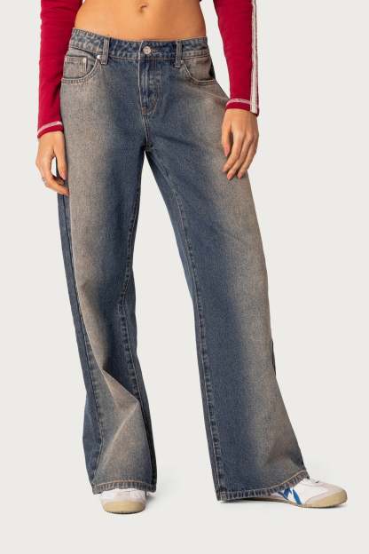 Raelynn Washed Low Rise Baggy Jeans - BLUE BROWN WASHED