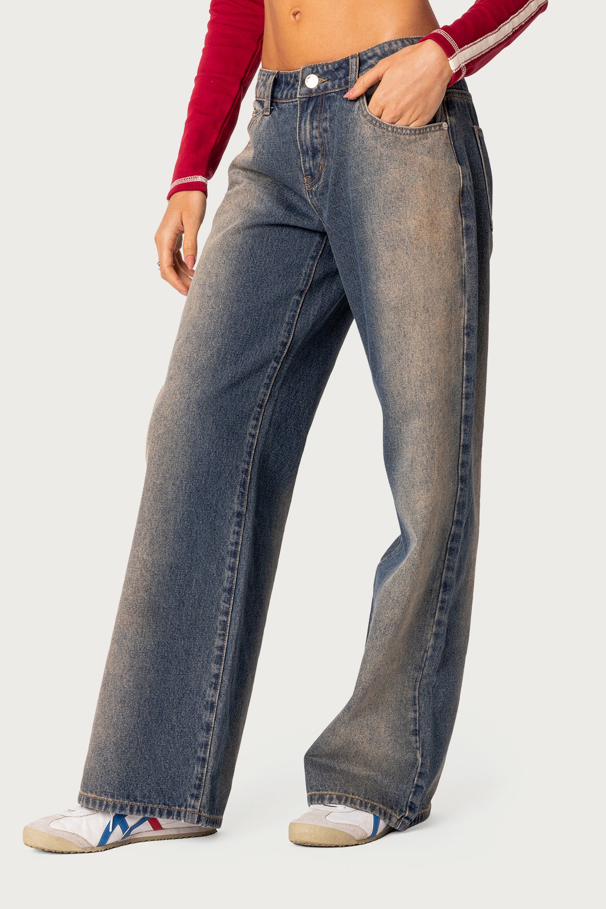 Raelynn Washed Low Rise Baggy Jeans - BLUE BROWN WASHED