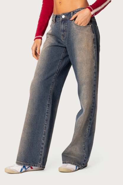 Raelynn Washed Low Rise Baggy Jeans - BLUE BROWN WASHED
