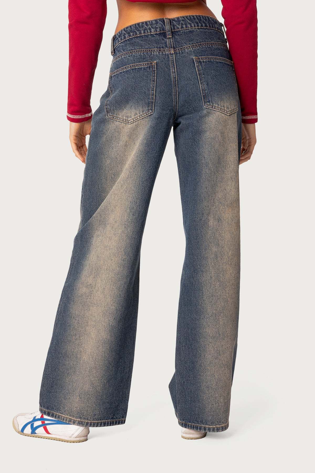 Raelynn Washed Low Rise Baggy Jeans - BLUE BROWN WASHED
