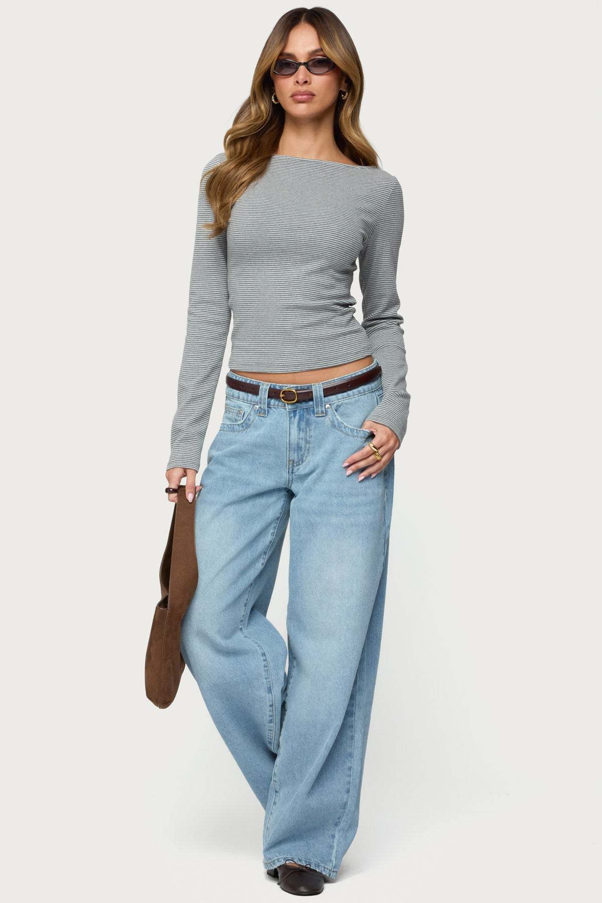 Loria Striped Boat Neck Top - GRAY-MELANGE