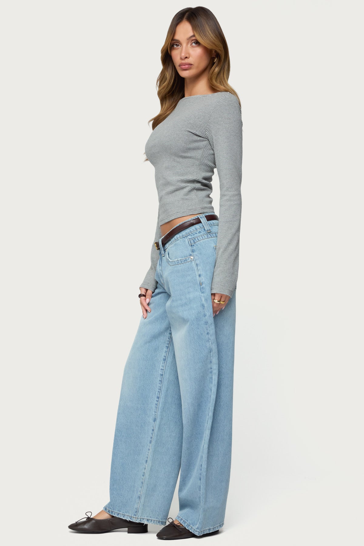 Loria Striped Boat Neck Top - GRAY-MELANGE