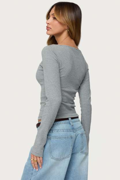Loria Striped Boat Neck Top - GRAY-MELANGE