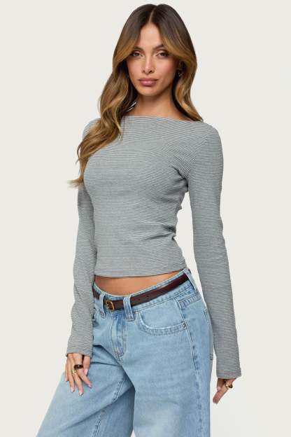 Loria Striped Boat Neck Top - GRAY-MELANGE