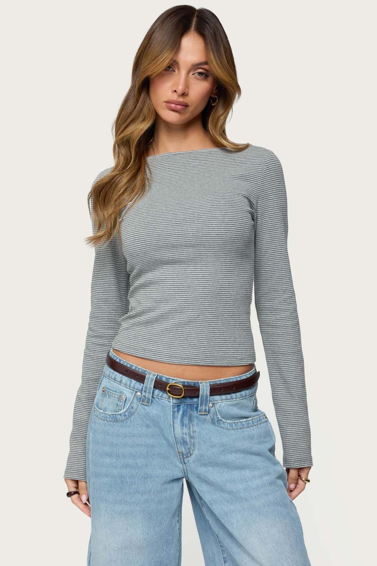 Loria Striped Boat Neck Top - GRAY-MELANGE