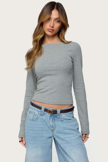 Loria Striped Boat Neck Top - GRAY-MELANGE