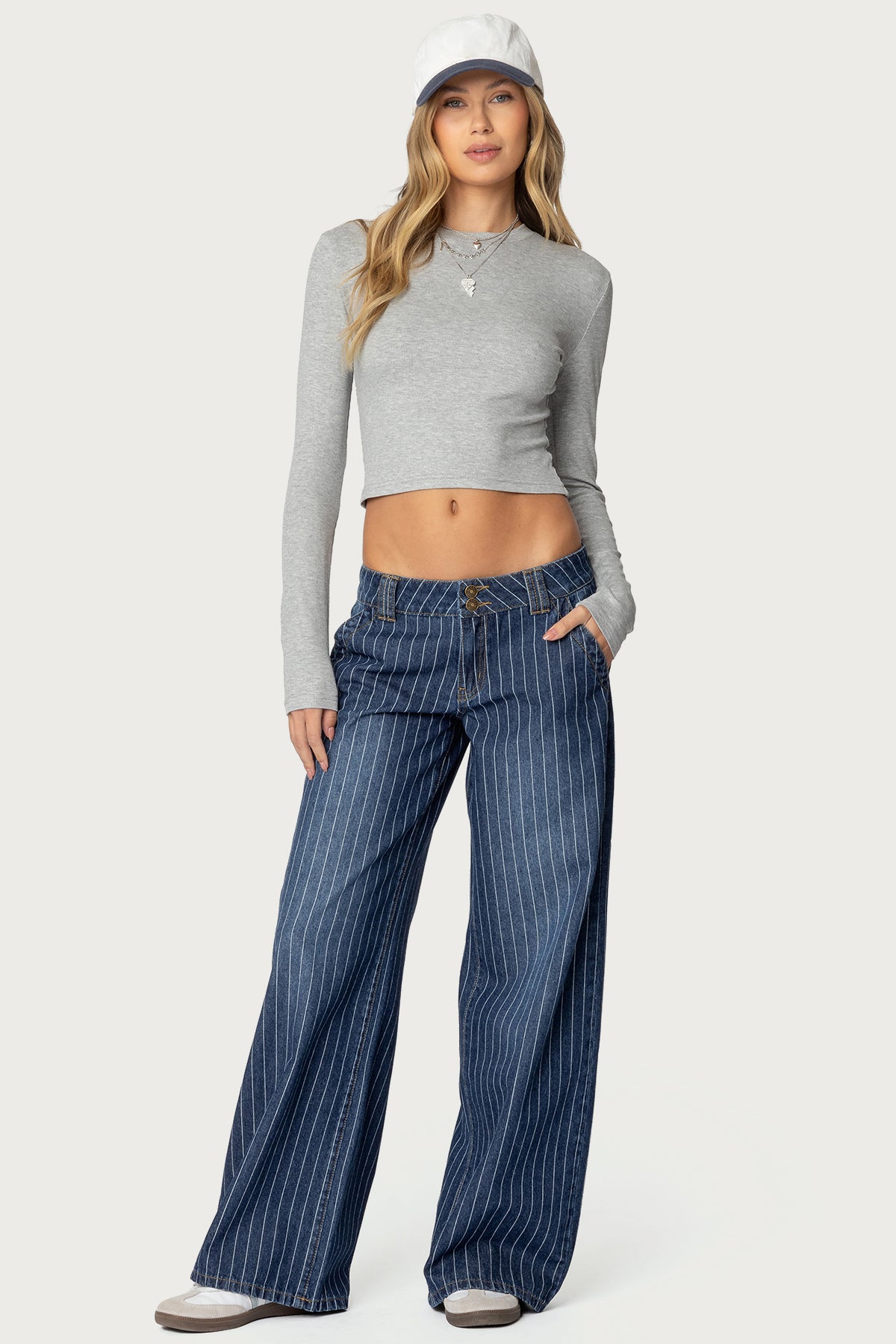 Cory Striped Low Rise Baggy Jeans - BLUE